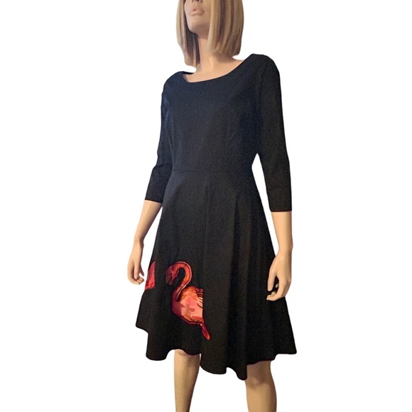 Sucrefas Dress Black ¾ Sleeve Vintage Inspired Flamingo appliqué Circle Skirt - Picture 3 of 14